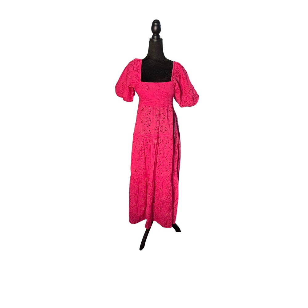 Anthropologie Meadow Rhodes Pink Eyelet Cotton Maxi Dress Puff Sleeve Small‎